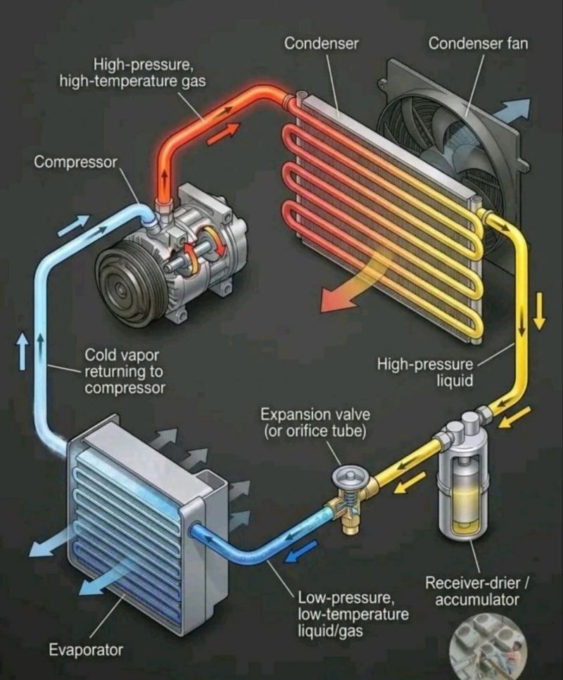 Diagram showing how an automotive AC system works — compressor, condenser, evaporator, expansion valve, receiver-drier, and refrigerant flow paths