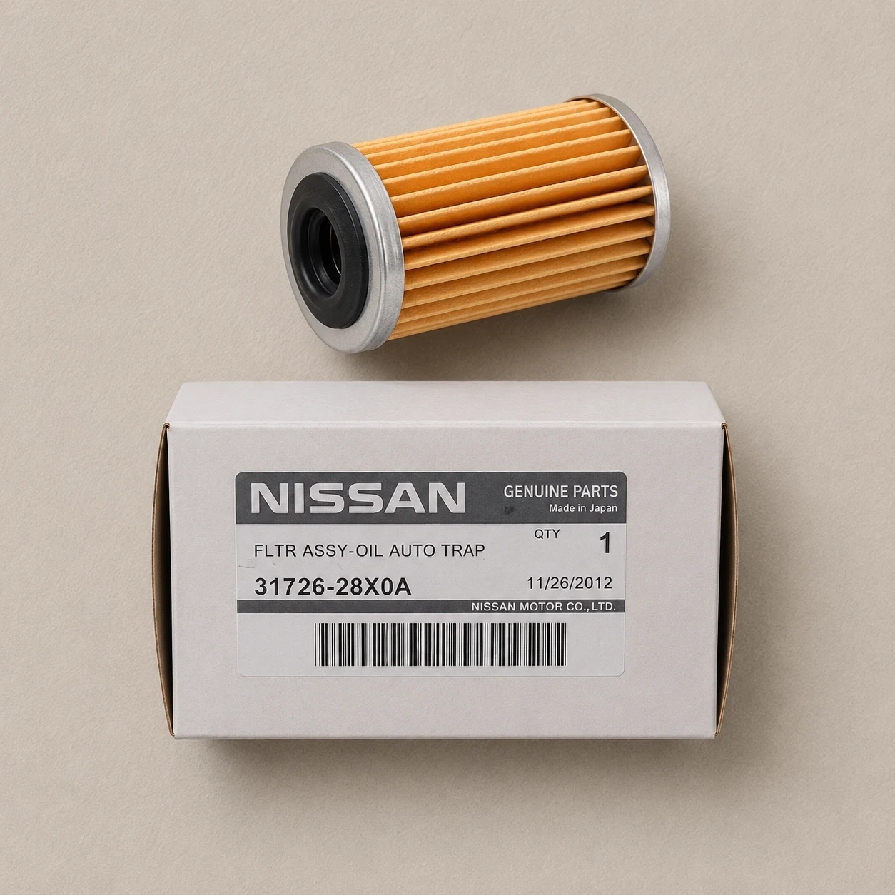 Nissan genuine CVT cooler return filter — OEM part 31726-28X0A, external inline filter that protects the cooler return line on Nissan Jatco CVT transmissions