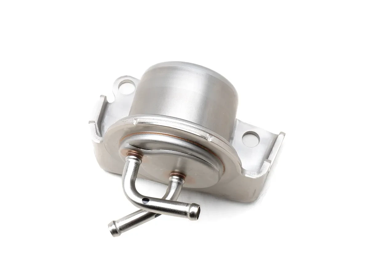 Nissan V6 CVT cooler return filter — external inline filter unit with mounting bracket and dual outlet ports, OEM part for Nissan Jatco CVT transmission cooler return line service